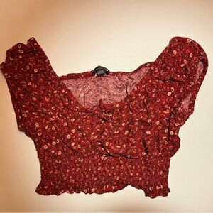 AE Floral Red Smocked Women's Crop Top